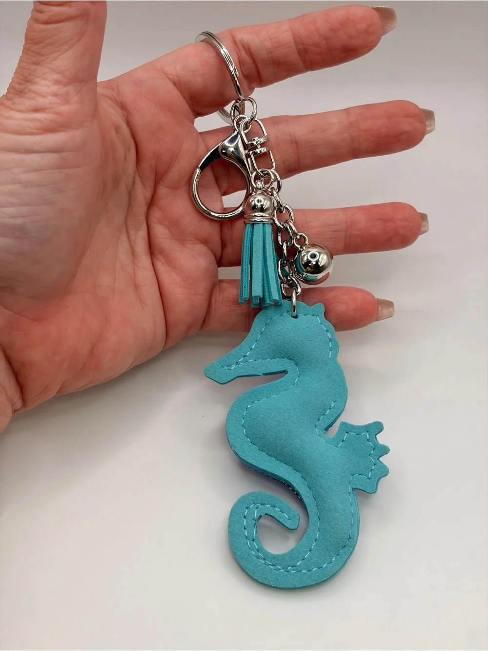 Blue Rhinestone Seahorse Keychain with Tassel